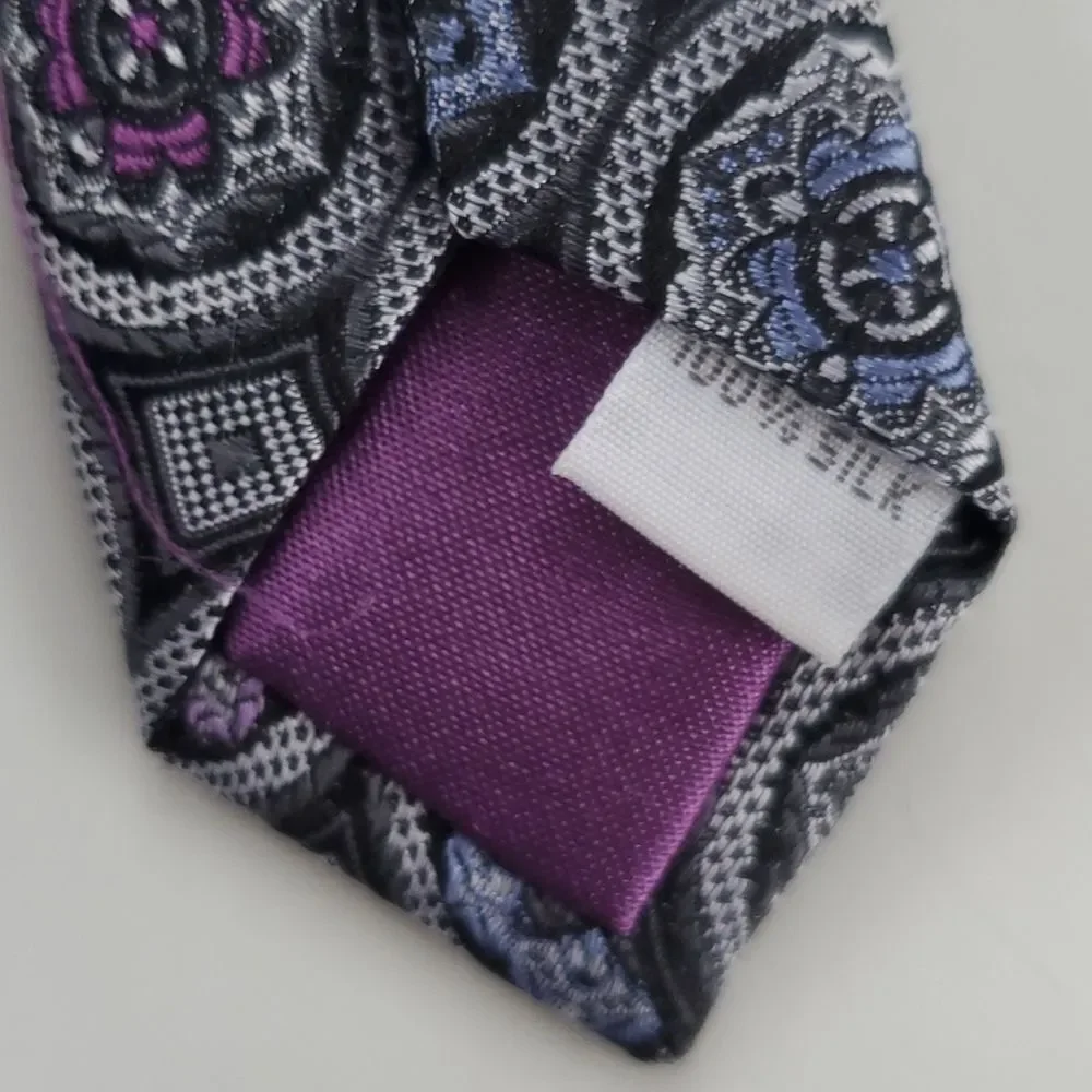 BURMA BIBAS PURPLE GRAY WHITE GEOMETRIC TIE GEOMETRIC SILK OFFICE SPRING FALL